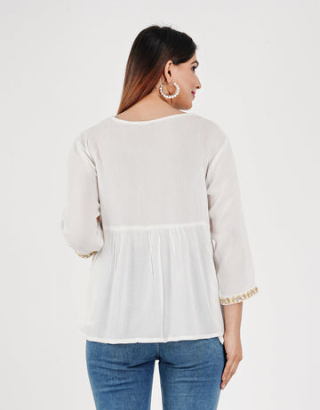 Women's Woven Cotton Slub Embroidered Top