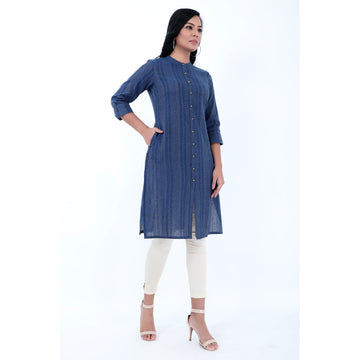 Women Woven Yarn Dyed Front Slit Kurta