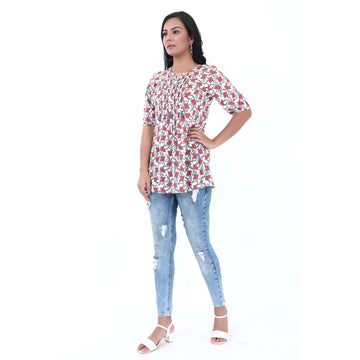 Women Woven Rayon Half Sleeves Rust Top