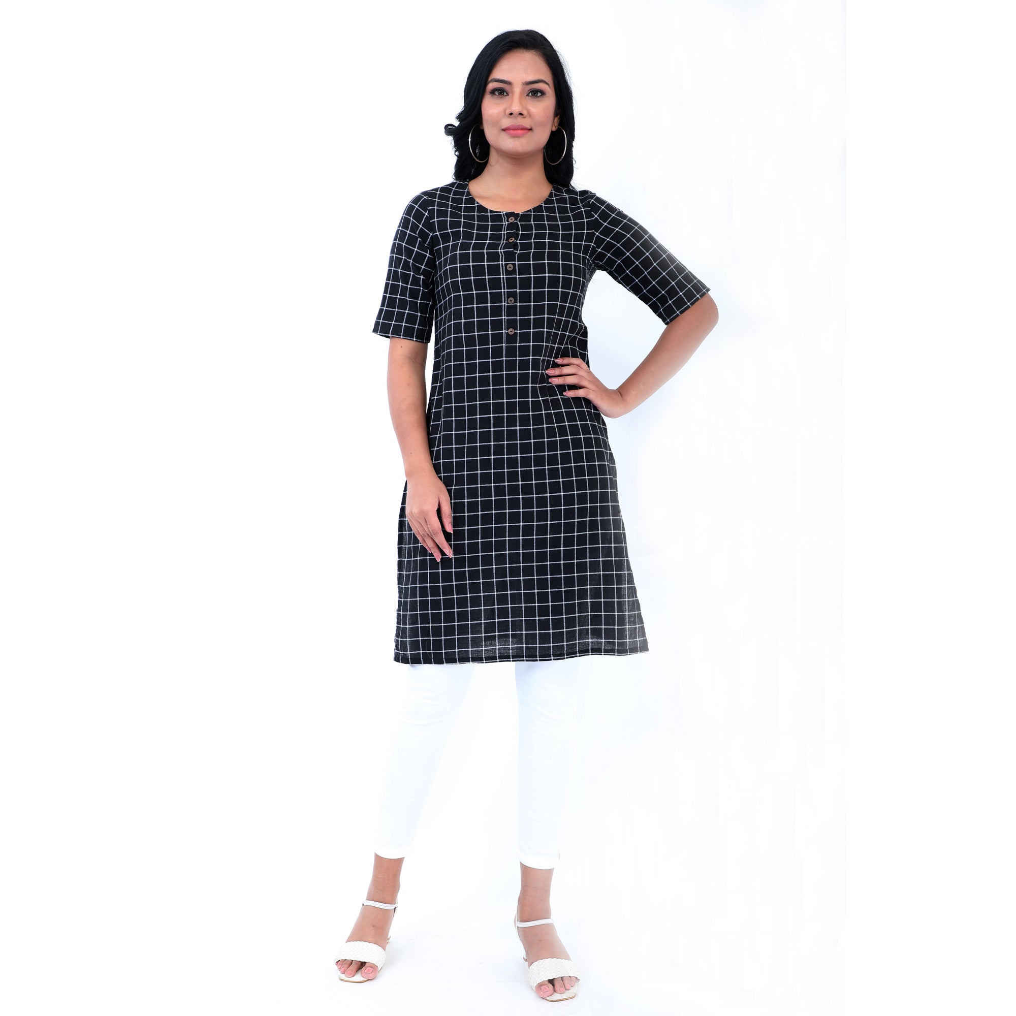 Women Woven Yarn Dyed Printed Half Sleeves Causal Kurta