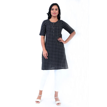 Women Woven Yarn Dyed Printed Half Sleeves Causal Kurta