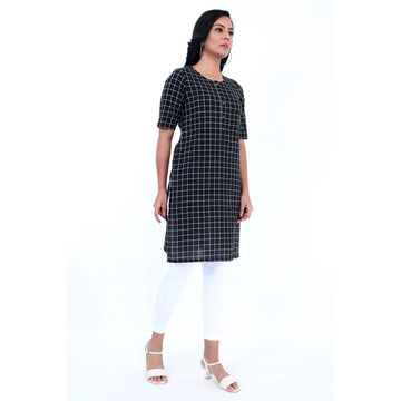 Women Woven Yarn Dyed Printed Half Sleeves Causal Kurta