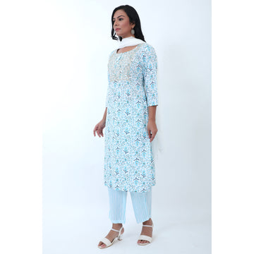 Women Kurta Pant Dupatta PST Sky Blue Set