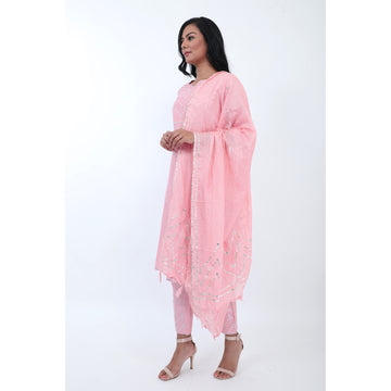 Women PST Pink Straight Kurta With Palazzos & Dupatta Set