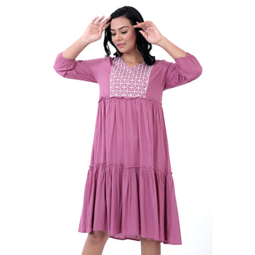 Women Woven Rayon Balloon Sleeve Pink Dress