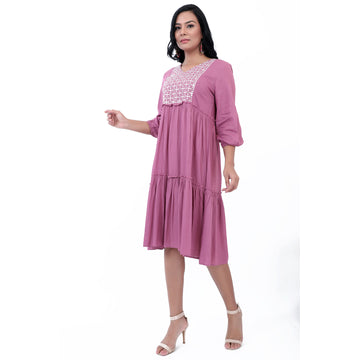 Women Woven Rayon Balloon Sleeve Pink Dress