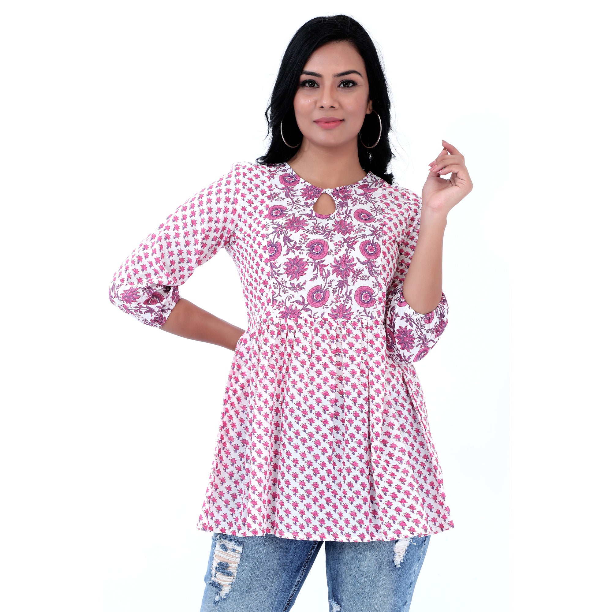 Women Woven Cambric Floral Printed Pink Top