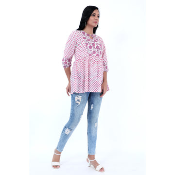 Women Woven Cambric Floral Printed Pink Top