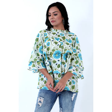 Women Woven Cambric Green Layered Top