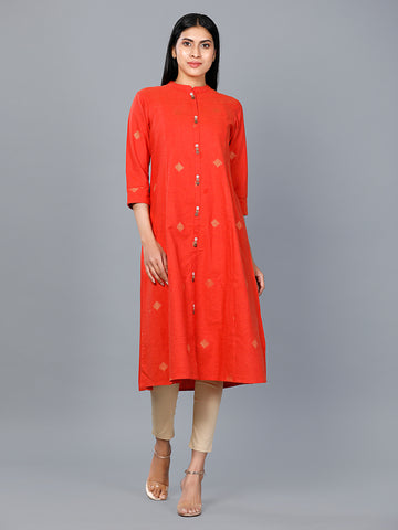 Women Woven Blend Yarn Dyed Orange A line Kurta
