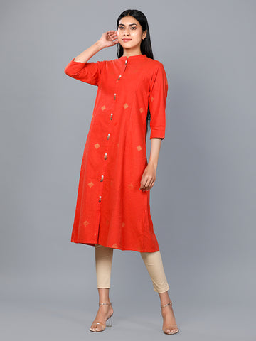 Women Woven Blend Yarn Dyed Orange A line Kurta