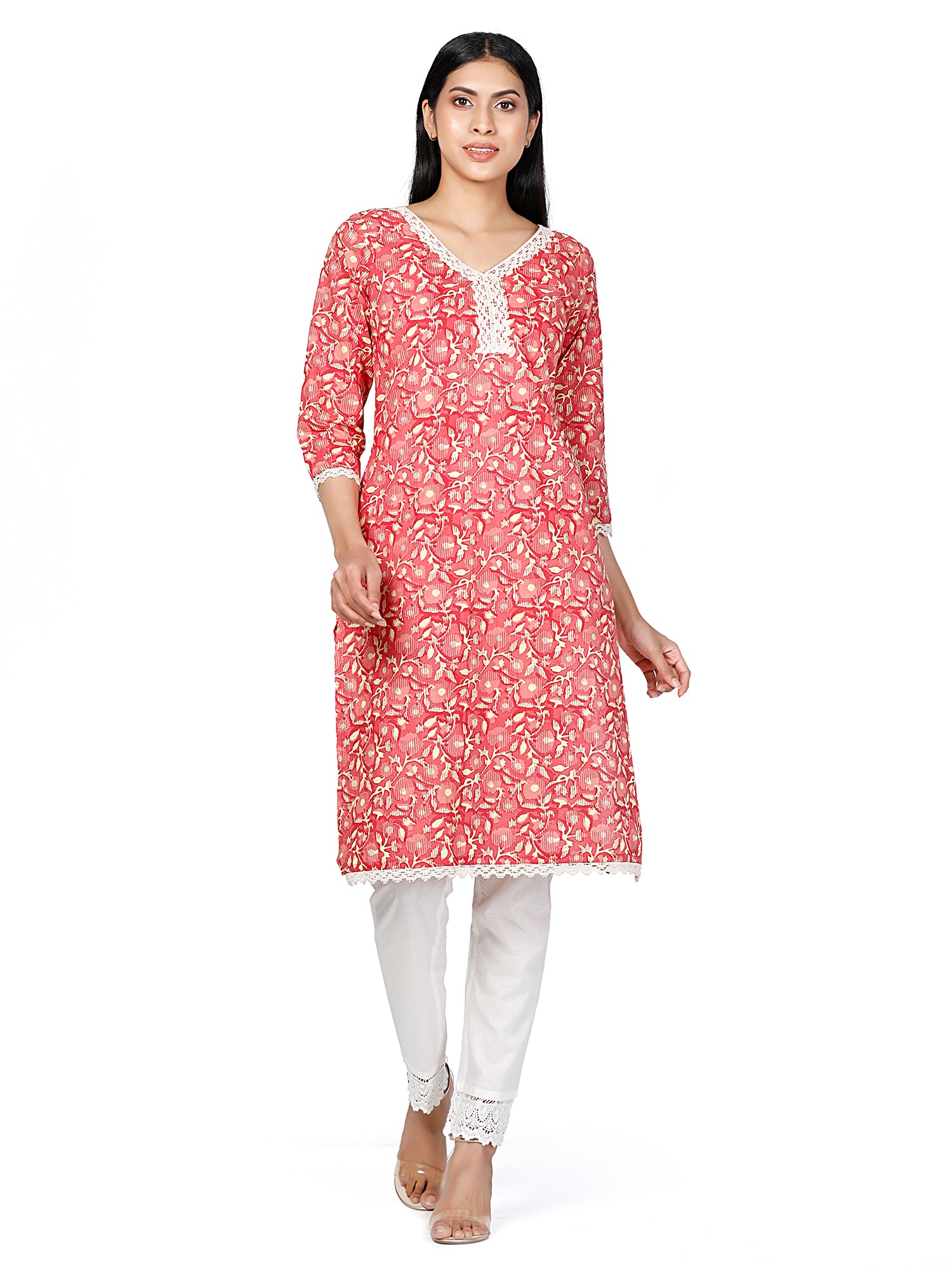 Women Woven Cambric Floral Printed Lace Work Peach Kurta