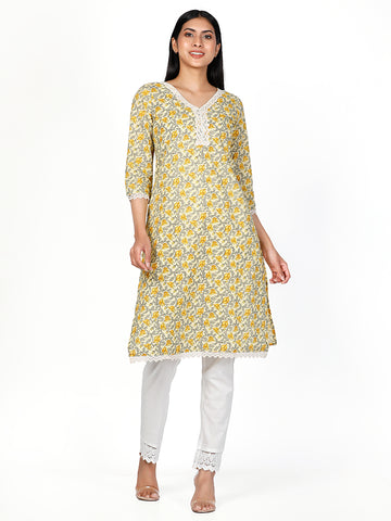 Women Woven Cambric Yellow Floral Printed Kurta with Lace Work