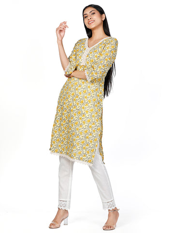 Women Woven Cambric Yellow Floral Printed Kurta with Lace Work