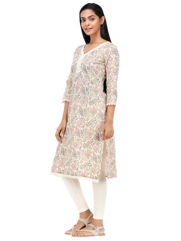 Woven Cambric Lace Work Beige Kurta