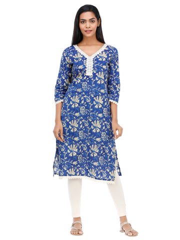 Floral Printed Woven Cambric Lace Border Indigo Kurta