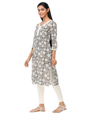 Women Woven Cambric Floral Printed Grey Kurta
