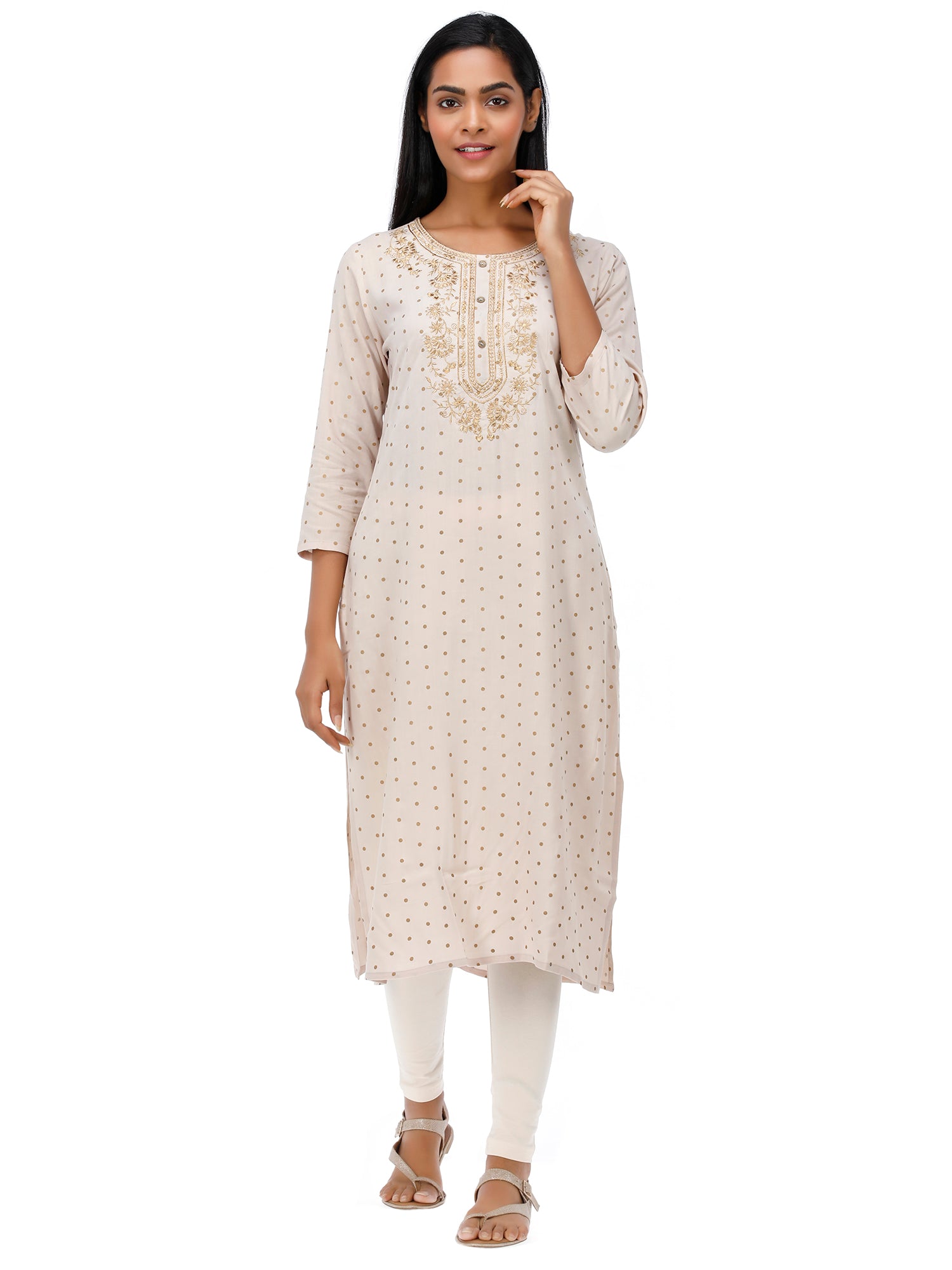 Women Woven Rayon Beige Embroidered Kurta