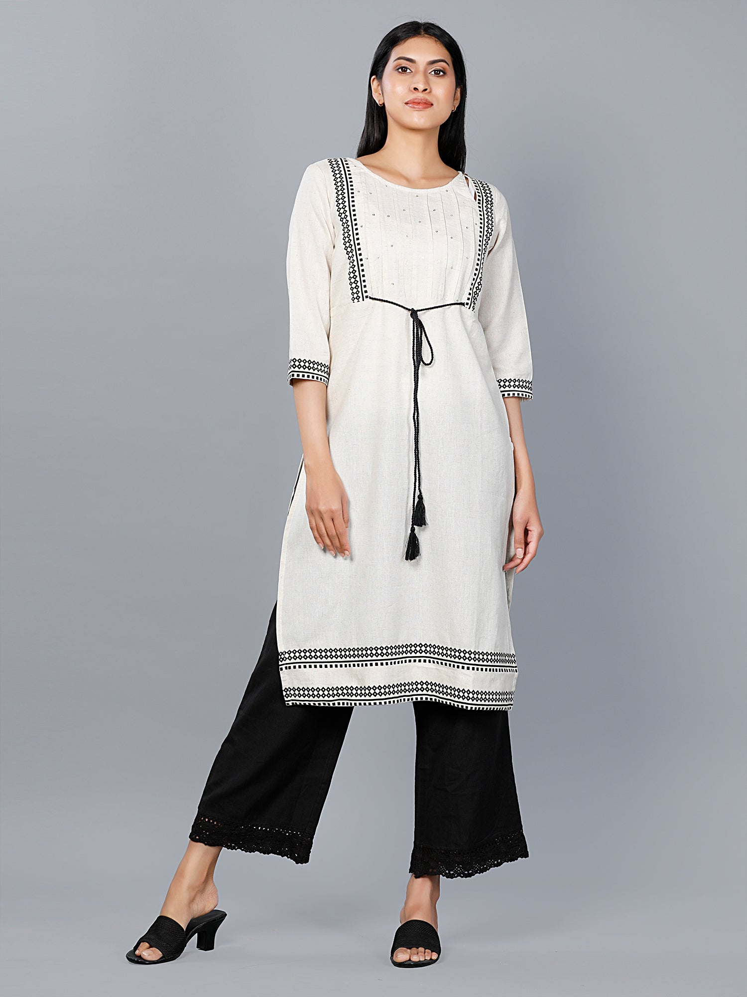 Women Woven Flax Placement Printed Off White Kurta