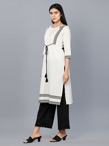 Women Woven Flax Placement Printed Off White Kurta