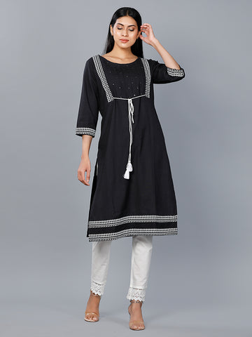 Women Woven Flax Placement Printed Black Kurta