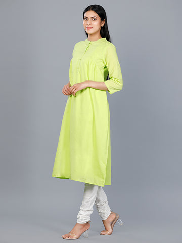 Women Woven Cambric Lime Solid Causal Kurta