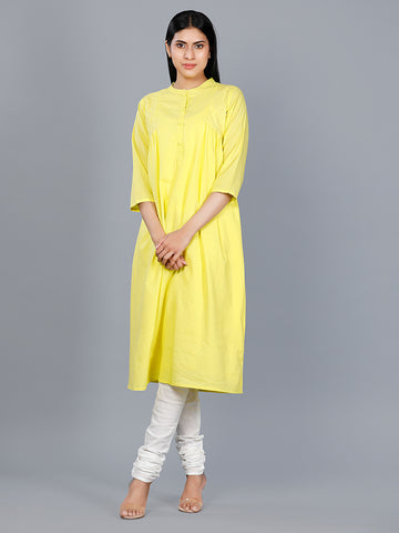 Women Woven Cambric Yellow Solid Flared Causal Kurta