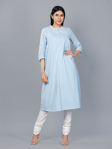 Women Woven Cambric Sea Blue Solid Kurta
