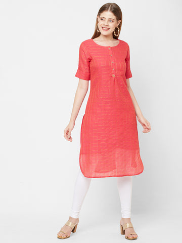 Women Woven Cotton Elbow Sleeves Fuchsia Kurta