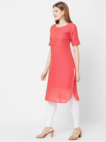 Women Woven Cotton Elbow Sleeves Fuchsia Kurta