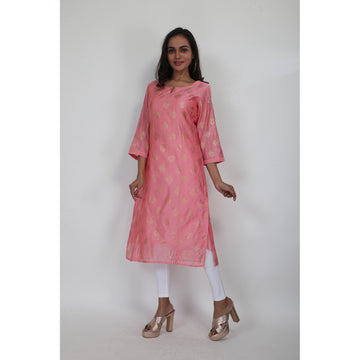 Women Woven Chanderi Pink Golden Printed Kurta