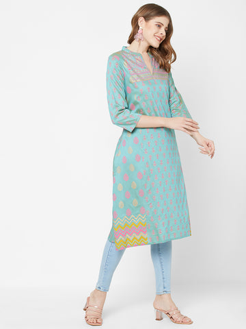 Women Woven Viscose Blend A-Line Printed Green Kurta