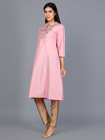 Women Zari Work Woven Viscose Blend Pink Kurta