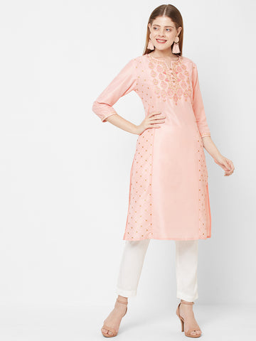 Women PST Peach Printed Party Wear Kurti