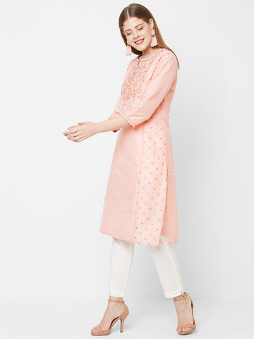 Women PST Peach Printed Party Wear Kurti