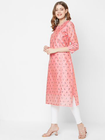 Women Woven Chanderi Printed Pink Party Wear Kurta