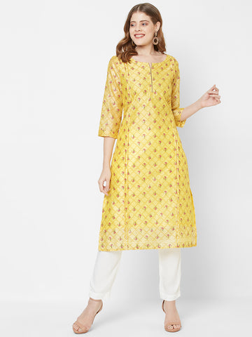 Women Woven Chanderi Yellow Printed Stylish Kurta