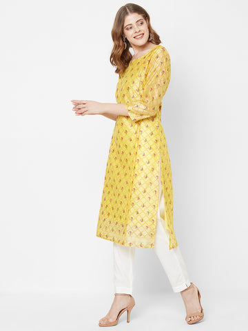 Women Woven Chanderi Yellow Printed Stylish Kurta