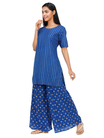 Women Woven Rayon Royal Blue Short Kurti Palazzo Set