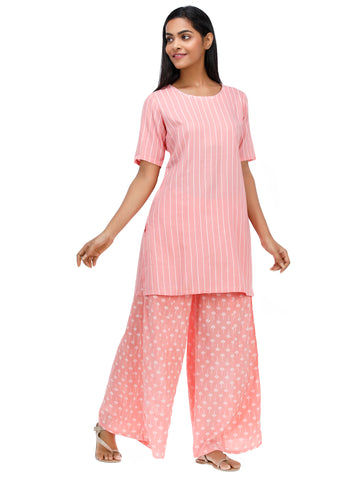 Women Woven Rayon Pink Kurti With Palazzo Set