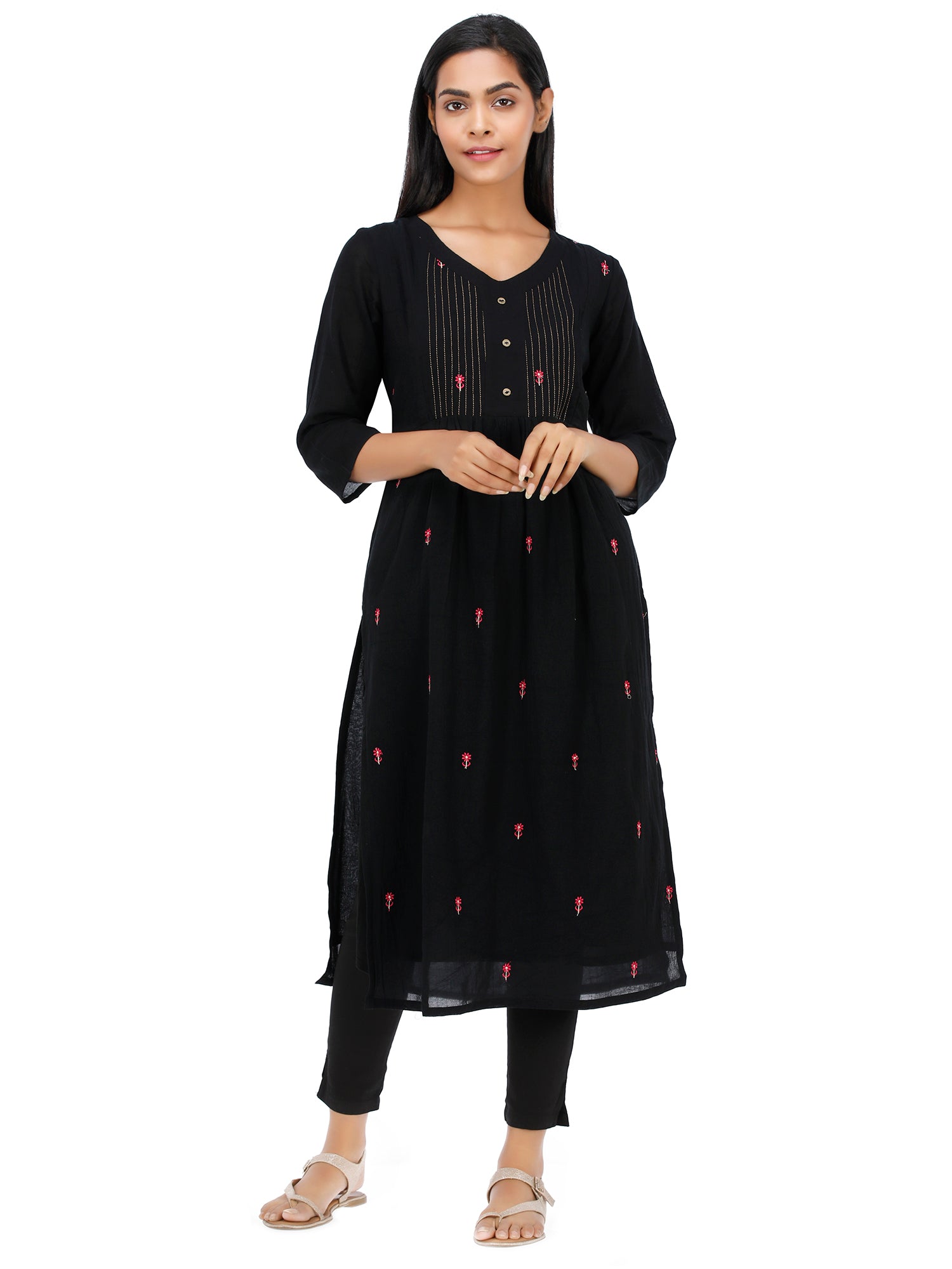 Women's Wear Woven Tery Voile Black Flared Embroidered Kurta