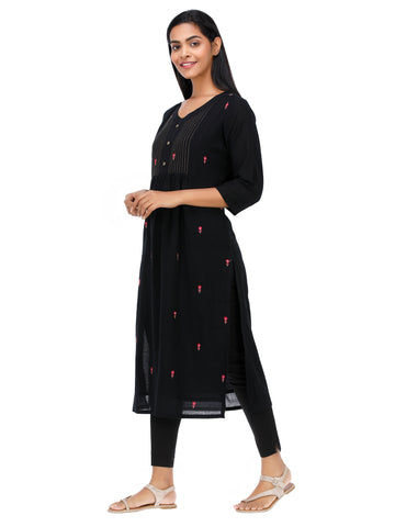 Women's Wear Woven Tery Voile Black Flared Embroidered Kurta