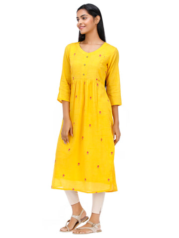 Women's Woven Tery Voile Flared Embroidered Yellow Kurta