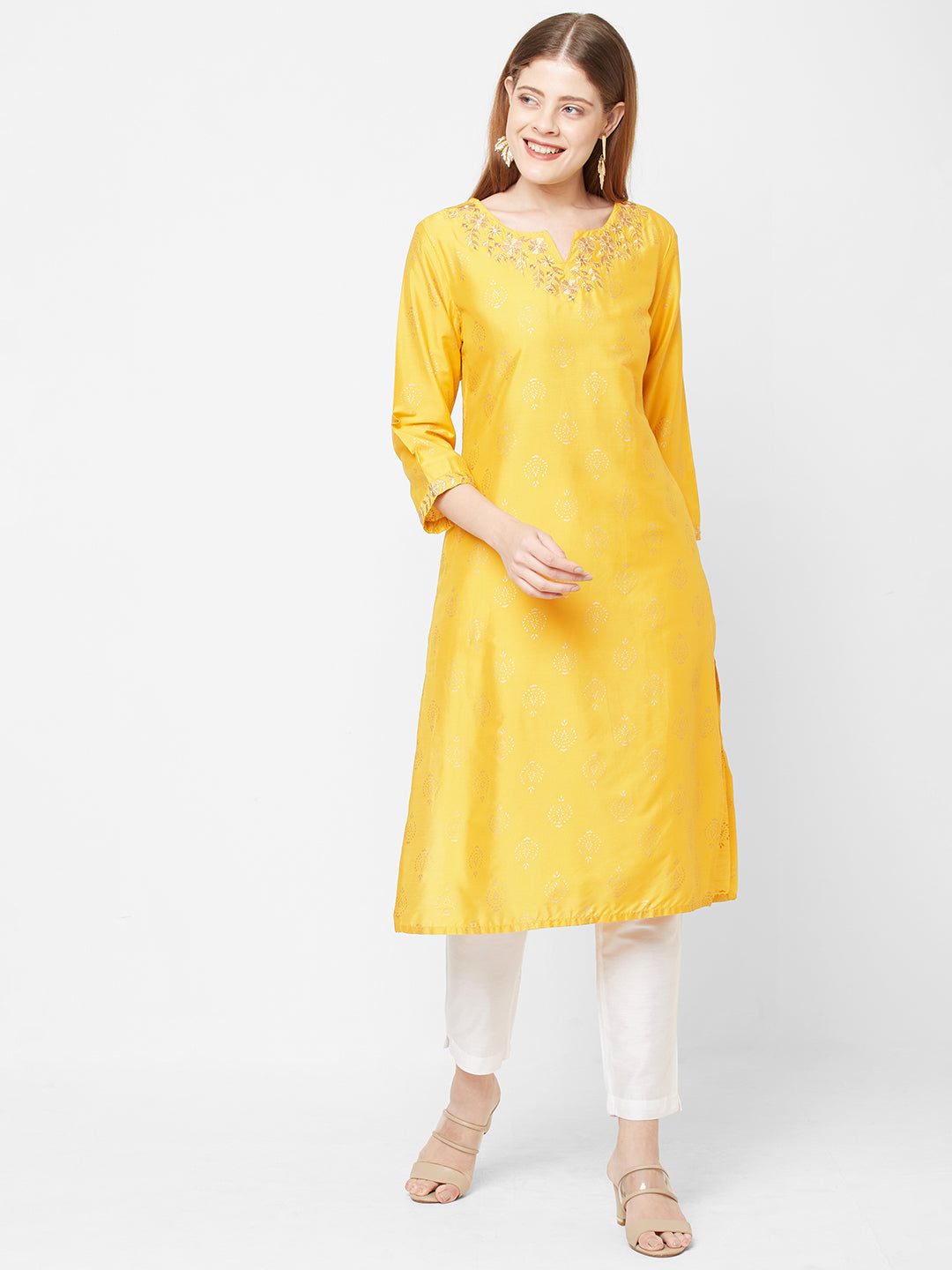 Women Woven Viscose Blend Mustard Party Wear Kurta