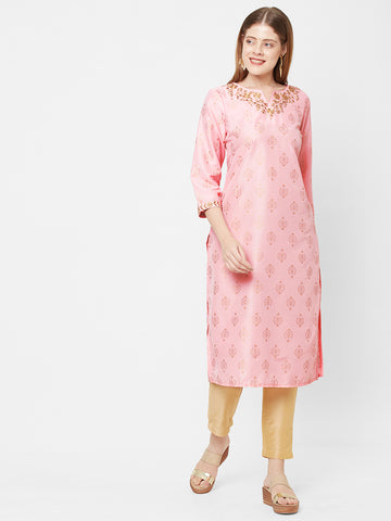 Women Printed PST Straight Party Wear Pink Kurta