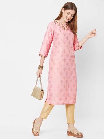 Women Printed PST Straight Party Wear Pink Kurta