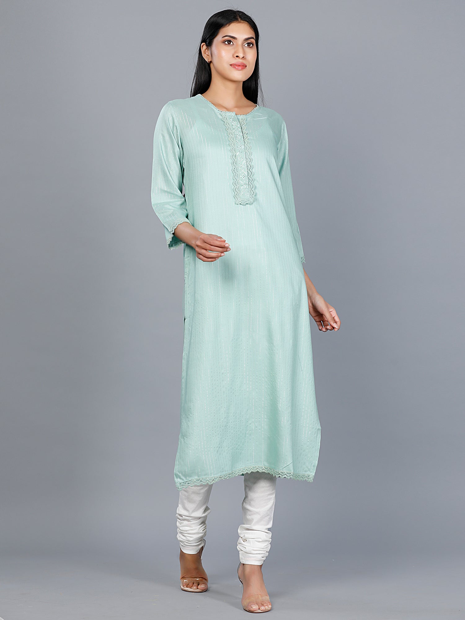 Women Woven Rayon Lurex Sea Green Kurta