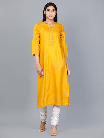 Women Woven Rayon Lurex Mustard Kurta
