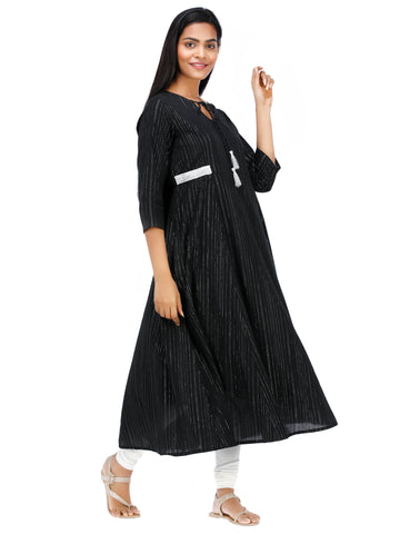 Women Woven Cotton Voile Lurex Gathered Black Kurta with Tassels