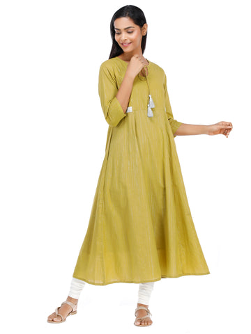 Women Woven Cotton Voile Lurex Khakhi Flared Kurta